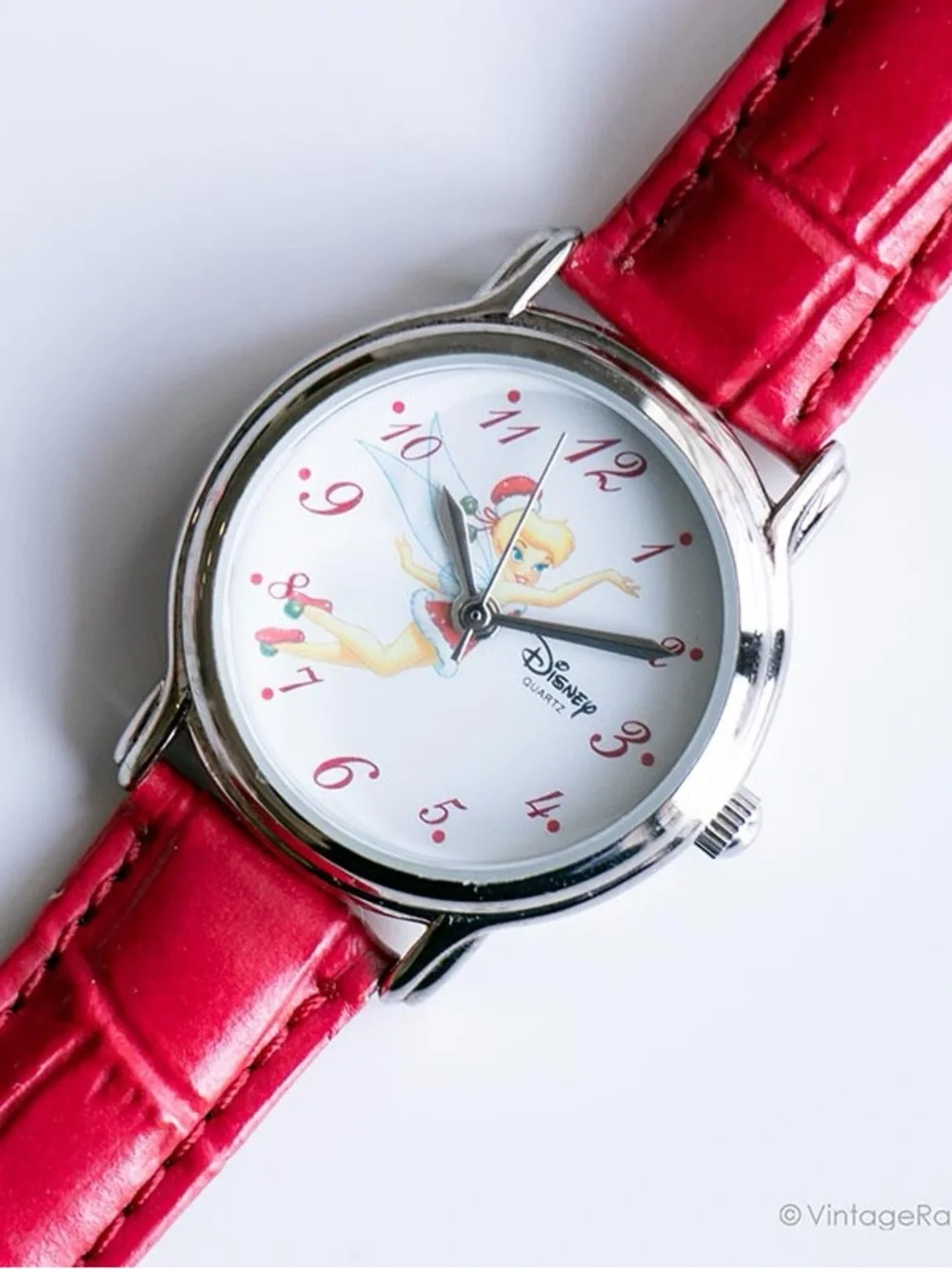 VTG Disney Time Works Tinker bell Silver Watch Red Leather NIB Holiday Edition
